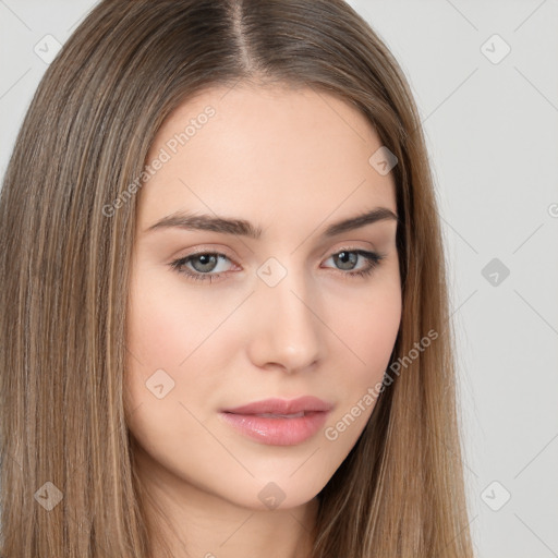 Neutral white young-adult female with long  brown hair and brown eyes