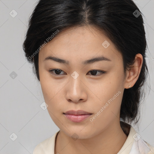 Neutral asian young-adult female with medium  brown hair and brown eyes