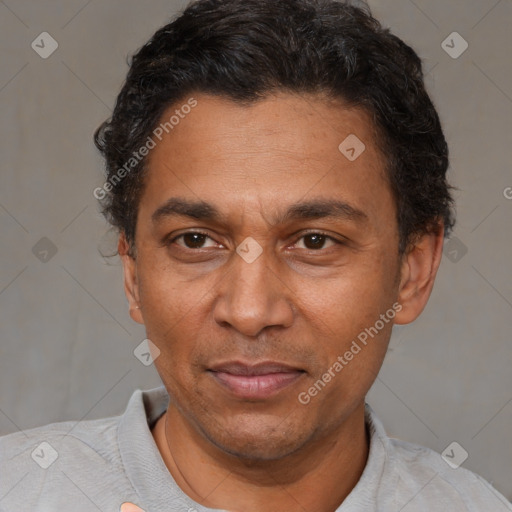 Joyful black adult male with short  brown hair and brown eyes