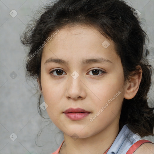 Joyful white child female with medium  brown hair and brown eyes