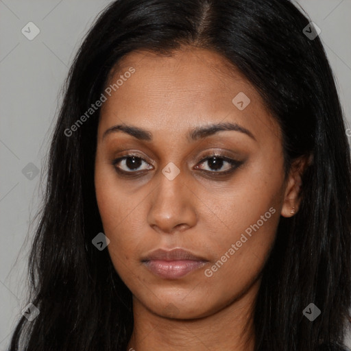 Neutral asian young-adult female with long  brown hair and brown eyes