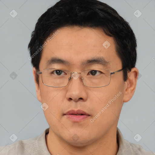 Neutral asian adult male with short  brown hair and brown eyes