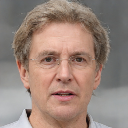 Neutral white middle-aged male with short  brown hair and grey eyes