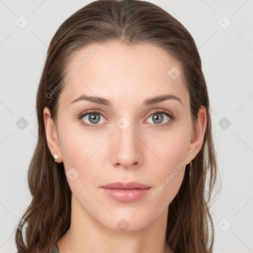 Neutral white young-adult female with long  brown hair and grey eyes