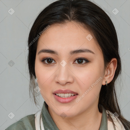 Joyful white young-adult female with medium  brown hair and brown eyes