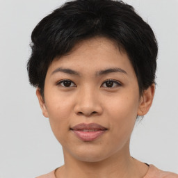 Joyful asian young-adult female with short  brown hair and brown eyes