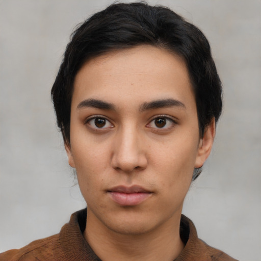 Neutral asian young-adult female with short  black hair and brown eyes