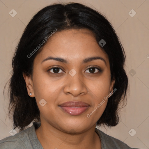 Joyful black young-adult female with medium  black hair and brown eyes