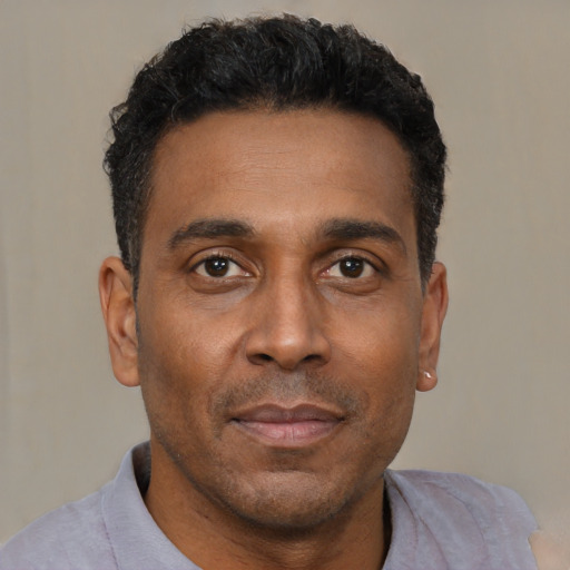 Neutral black adult male with short  black hair and brown eyes
