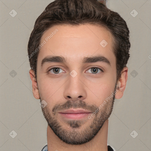 Neutral white young-adult male with short  brown hair and brown eyes