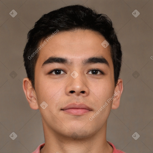 Neutral asian young-adult male with short  brown hair and brown eyes