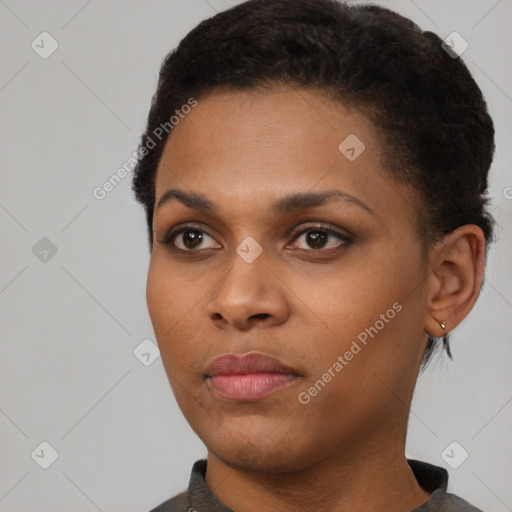 Neutral black young-adult female with short  black hair and brown eyes