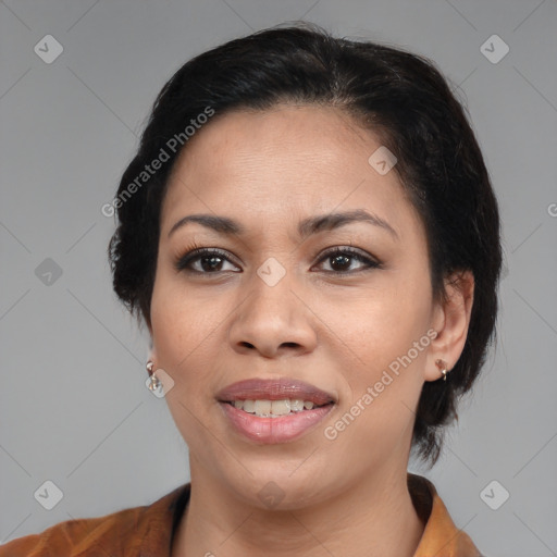 Joyful black young-adult female with medium  brown hair and brown eyes