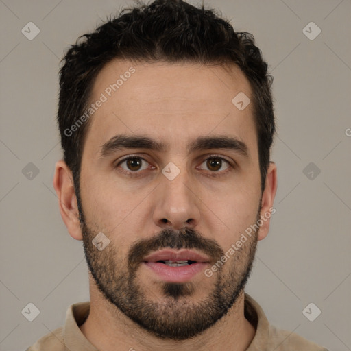 Neutral white young-adult male with short  brown hair and brown eyes