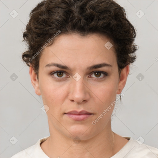 Neutral white young-adult female with short  brown hair and brown eyes