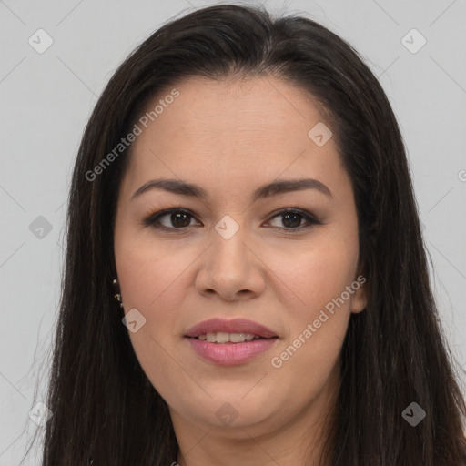 Joyful white young-adult female with long  brown hair and brown eyes