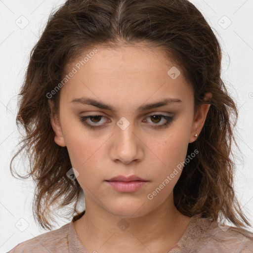 Neutral white young-adult female with medium  brown hair and brown eyes