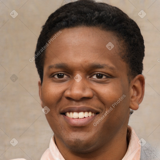 Joyful latino young-adult male with short  brown hair and brown eyes