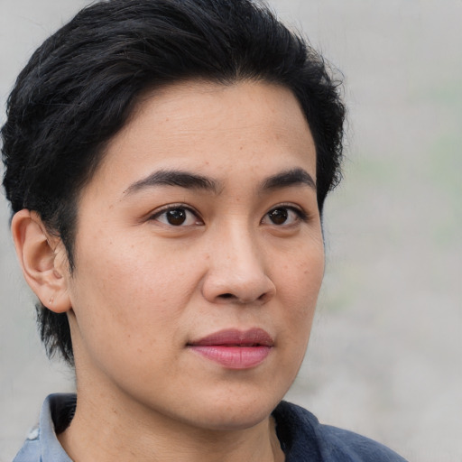 Joyful asian young-adult male with medium  brown hair and brown eyes