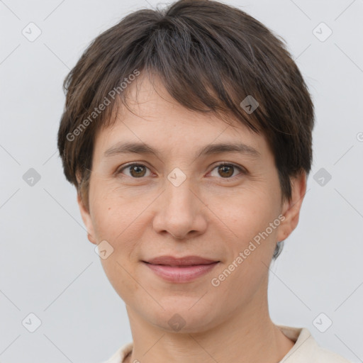 Joyful white young-adult female with short  brown hair and brown eyes