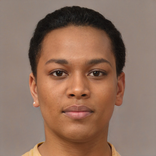 Neutral black young-adult female with short  brown hair and brown eyes