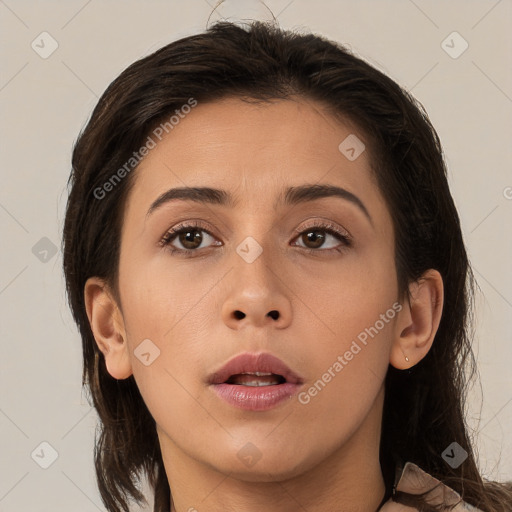 Neutral white young-adult female with medium  brown hair and brown eyes