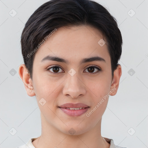 Joyful white young-adult female with short  brown hair and brown eyes