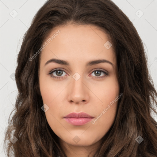 Neutral white young-adult female with long  brown hair and brown eyes