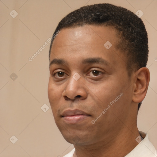 Neutral black young-adult male with short  black hair and brown eyes