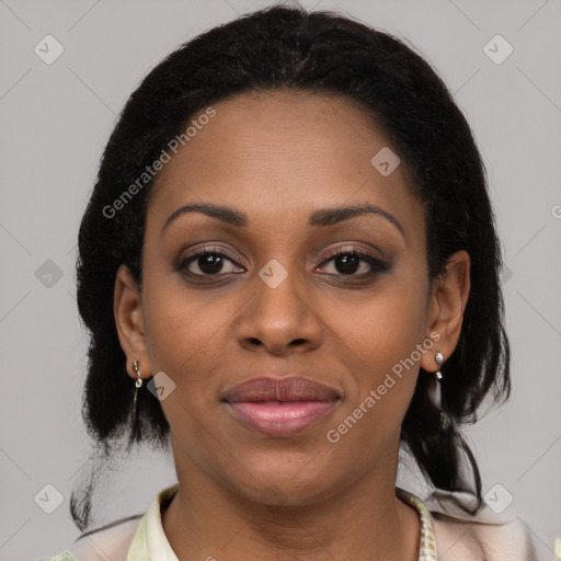 Joyful black young-adult female with medium  black hair and brown eyes