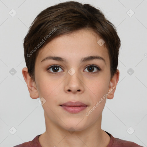 Neutral white young-adult female with short  brown hair and brown eyes