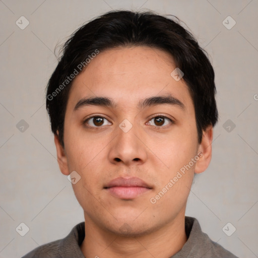 Neutral asian young-adult male with short  black hair and brown eyes