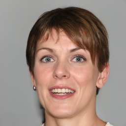 Joyful white adult female with medium  brown hair and blue eyes