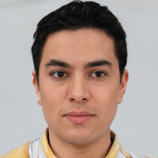 Neutral asian young-adult male with short  black hair and brown eyes