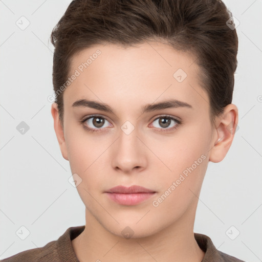 Neutral white young-adult female with short  brown hair and brown eyes