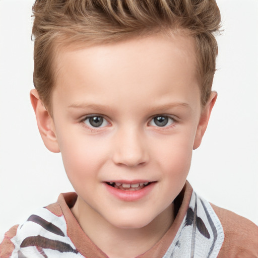 Joyful white child female with short  brown hair and grey eyes