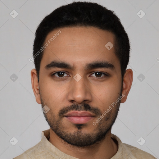 Neutral latino young-adult male with short  black hair and brown eyes