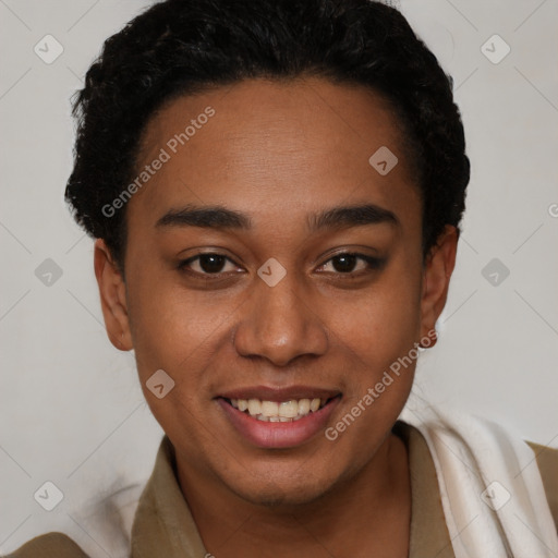 Joyful latino young-adult female with short  black hair and brown eyes