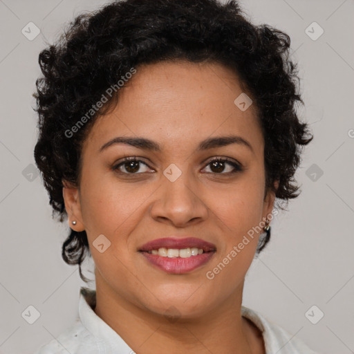 Joyful latino young-adult female with short  brown hair and brown eyes