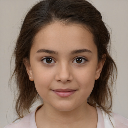 Joyful white child female with medium  brown hair and brown eyes