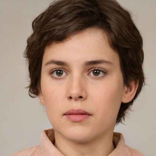 Neutral white young-adult female with short  brown hair and brown eyes