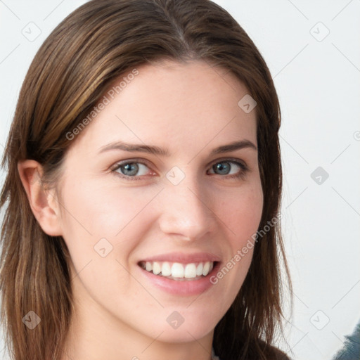 Joyful white young-adult female with long  brown hair and blue eyes