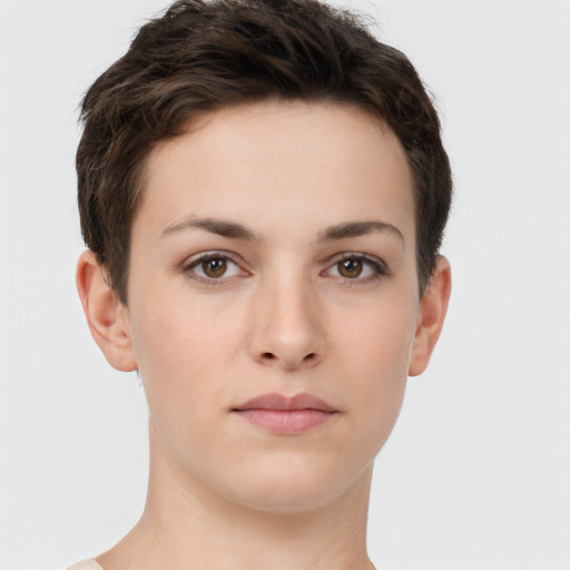 Neutral white young-adult female with short  brown hair and brown eyes