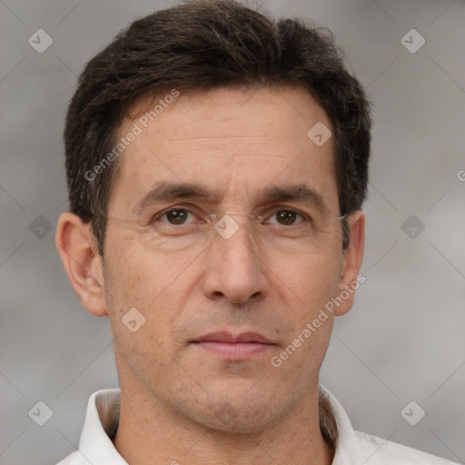 Neutral white adult male with short  brown hair and brown eyes