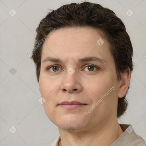 Neutral white adult female with short  brown hair and brown eyes