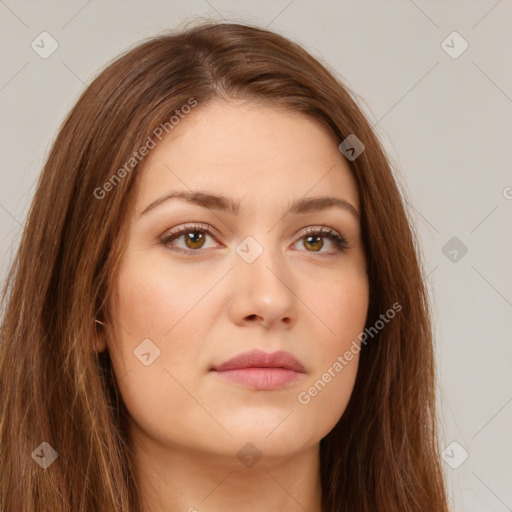 Neutral white young-adult female with long  brown hair and brown eyes