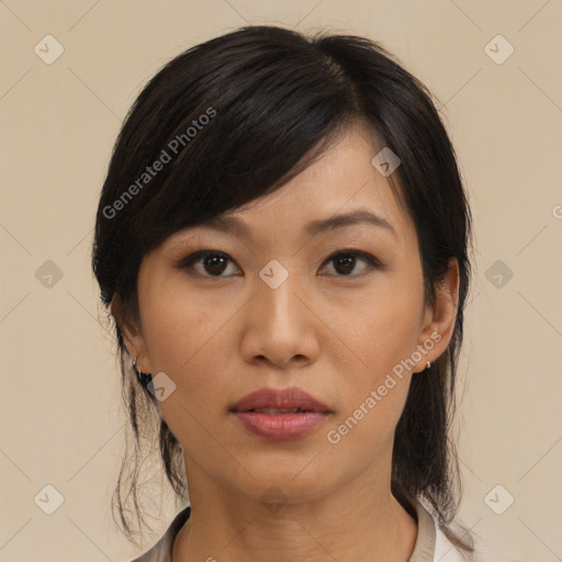 Neutral asian young-adult female with medium  black hair and brown eyes