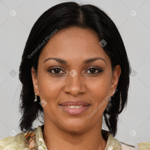 Joyful black young-adult female with medium  brown hair and brown eyes