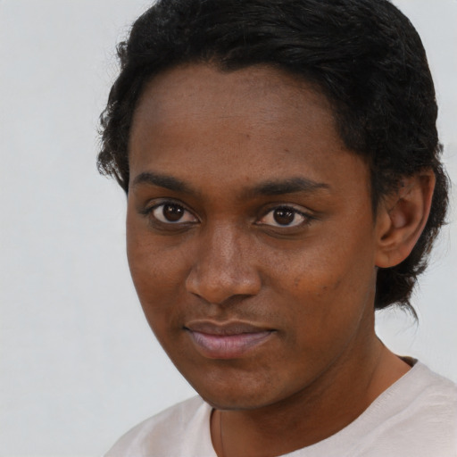 Neutral black young-adult female with short  brown hair and brown eyes