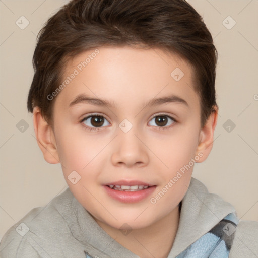 Joyful white child female with short  brown hair and brown eyes